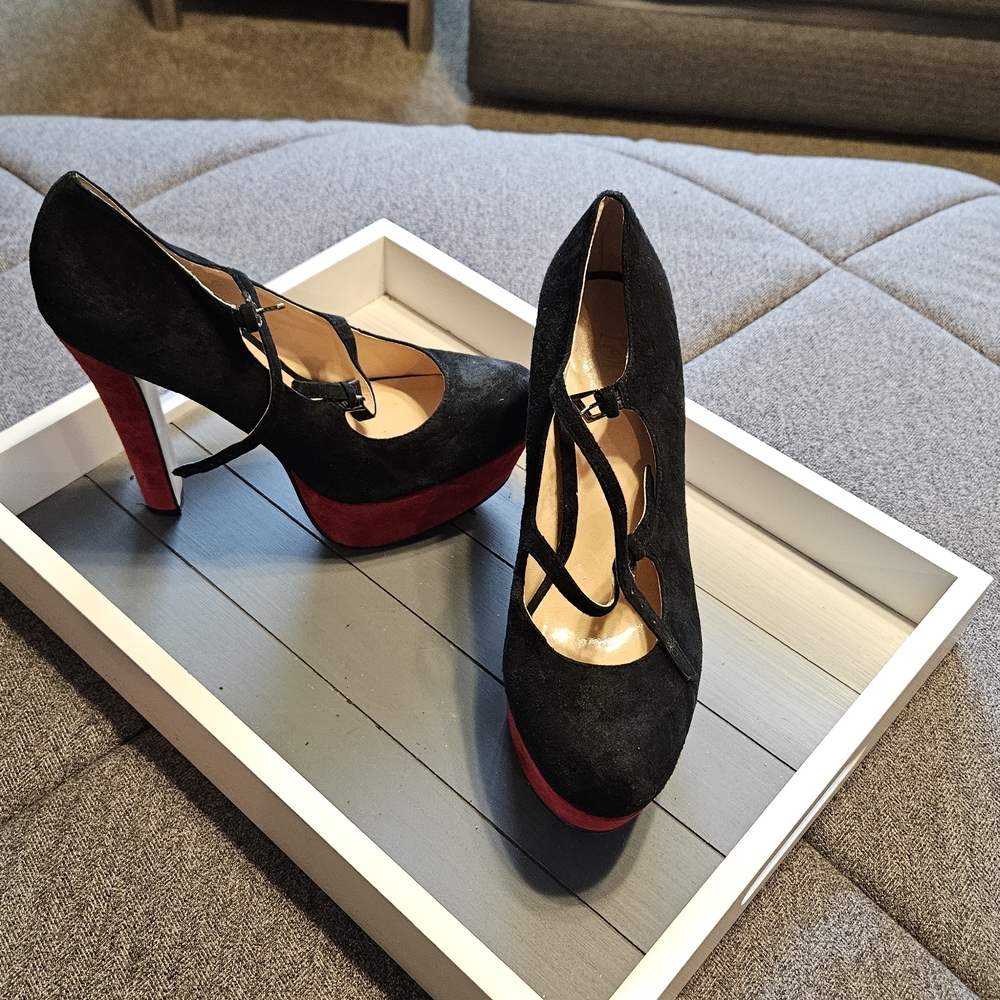 Black Suede Mary Jane Heels with Red Platform